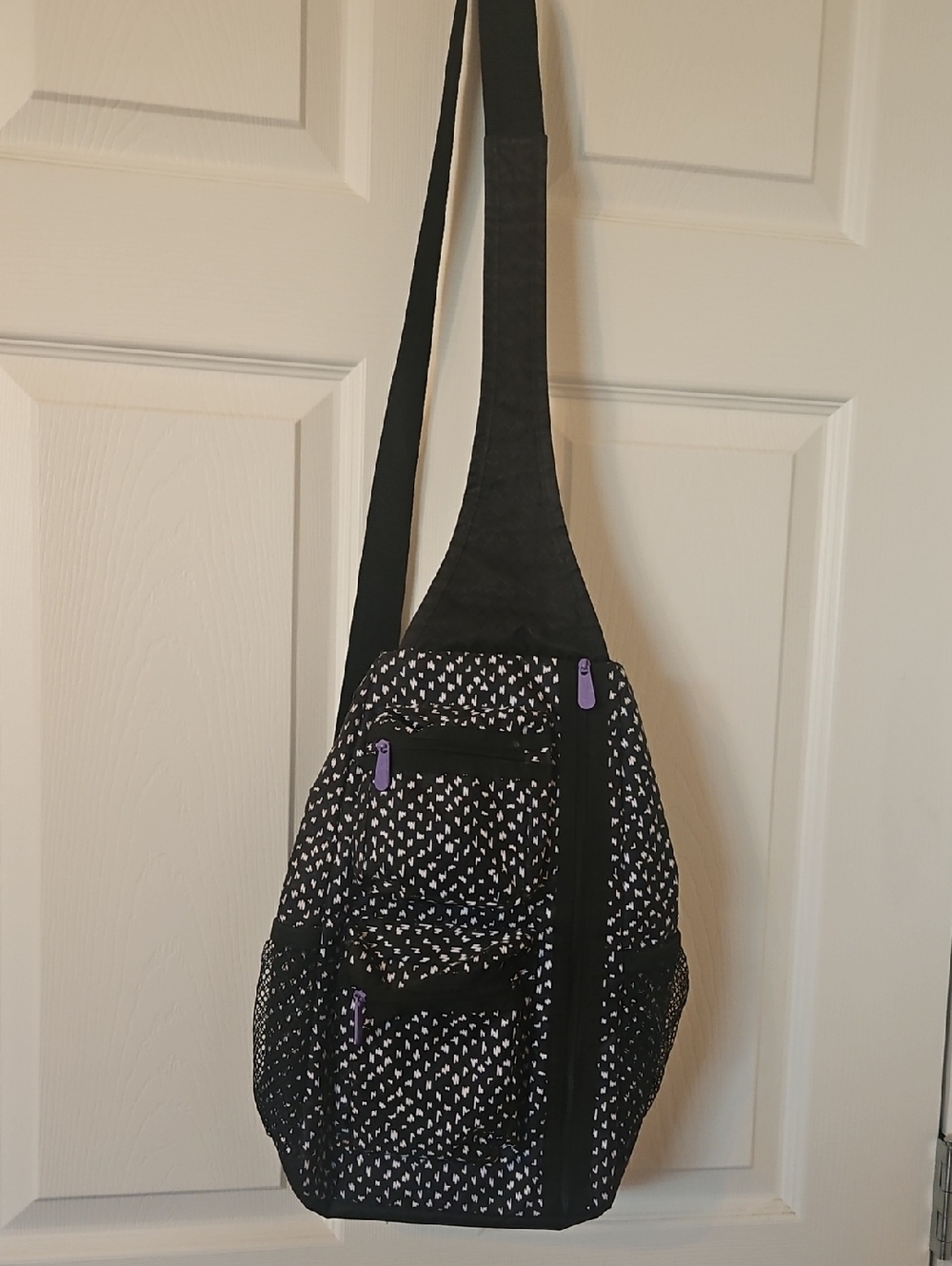 thirty-one Black and White Patterned Crossbody Sling Bag with Purple Accents